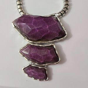 New Purple Statement Necklace Earrings Acrylic Silver Tone Faux Gemstone